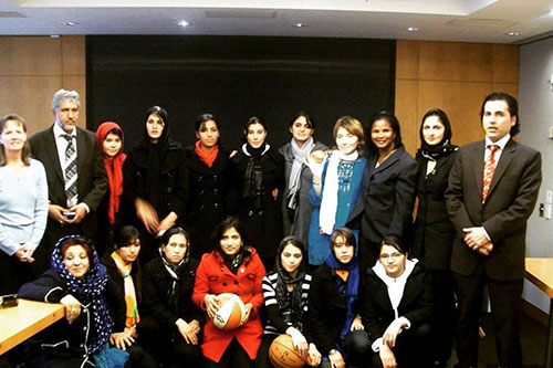 Zarlasht and her teammates on the National Afghan Women's Basketball Team pictured with the Board of Directors for U.S. Women's NBA